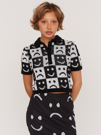 Happy Sad Checkerboard Polo Top