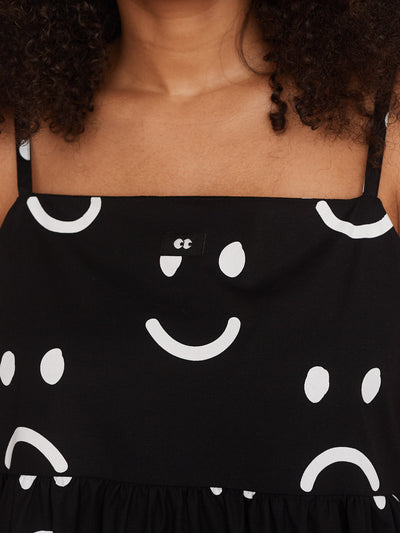 Happy Sad Tie Shoulder Smock Dress