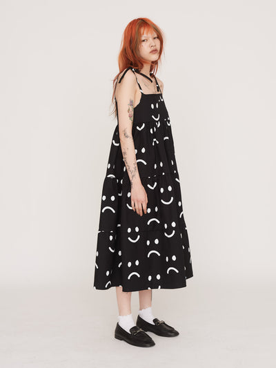 Happy Sad Tie Shoulder Smock Dress