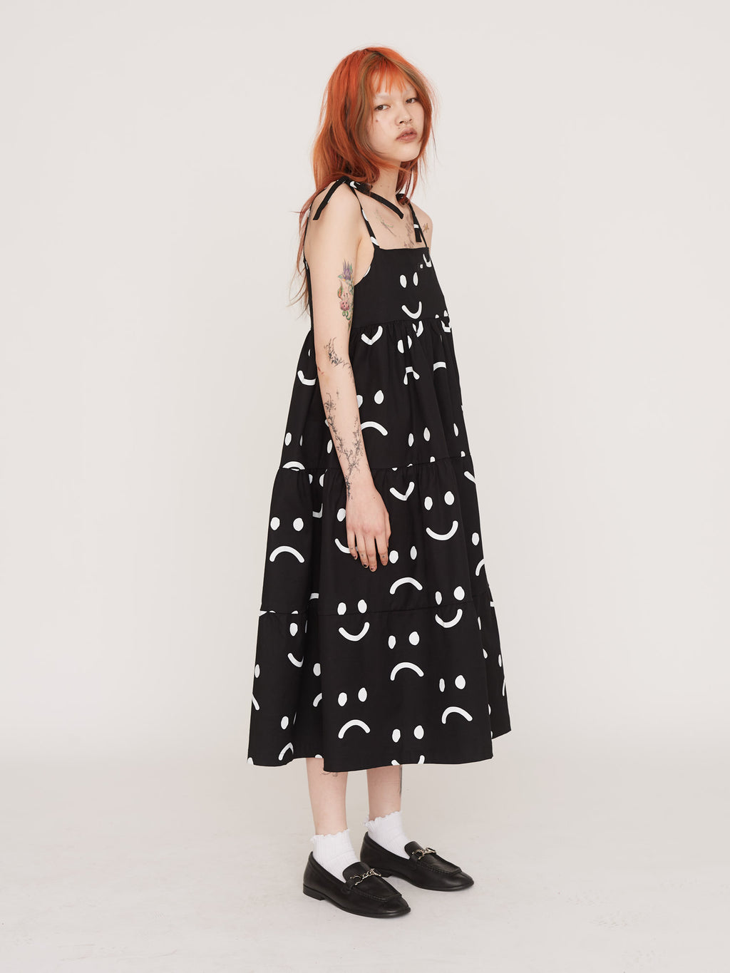 Happy Sad Tie Shoulder Smock Dress